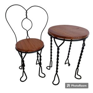 VTG Doll Furniture Wood & Twisted Metal Ice Cream Parlor Bistro Chair and Table